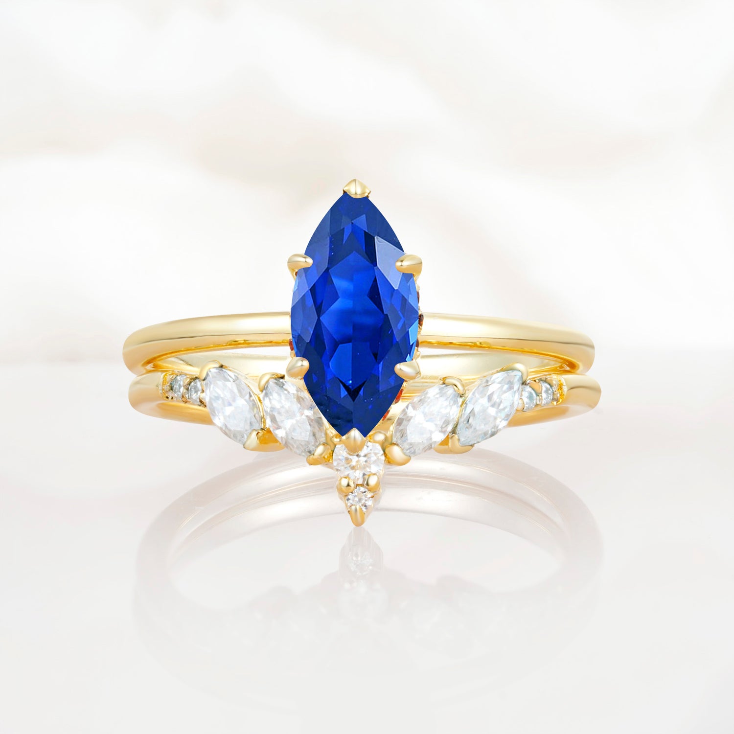 Art Deco 6 Prong Marquise Cut Sapphire Ring Set