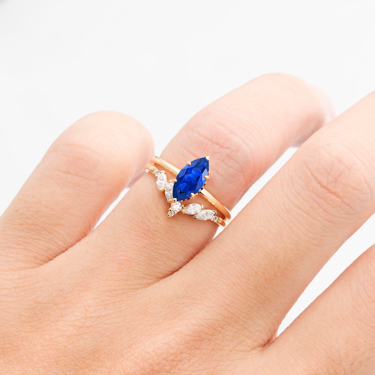 Art Deco 6 Prong Marquise Cut Sapphire Ring Set