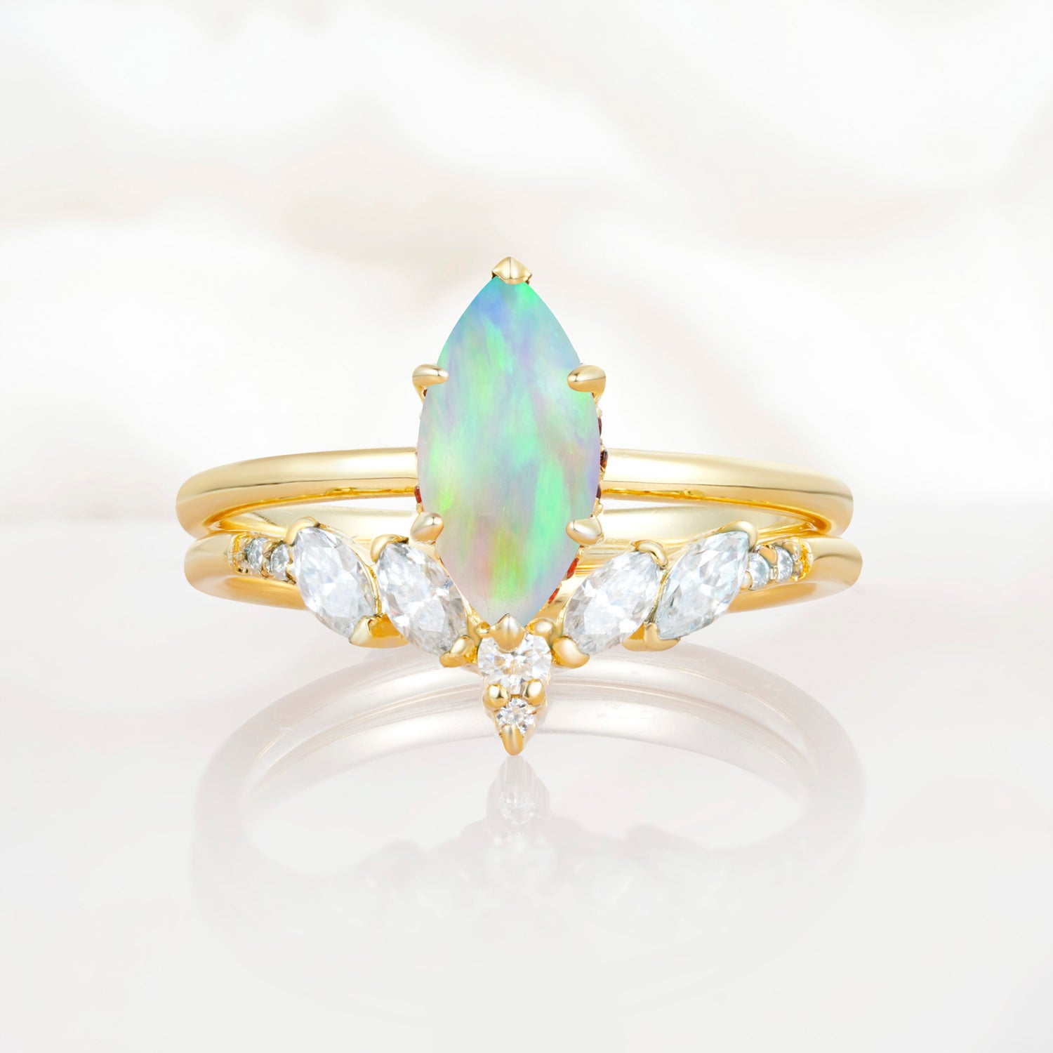 Art Deco 6 Prong Marquise Cut Fire Opal Ring Set