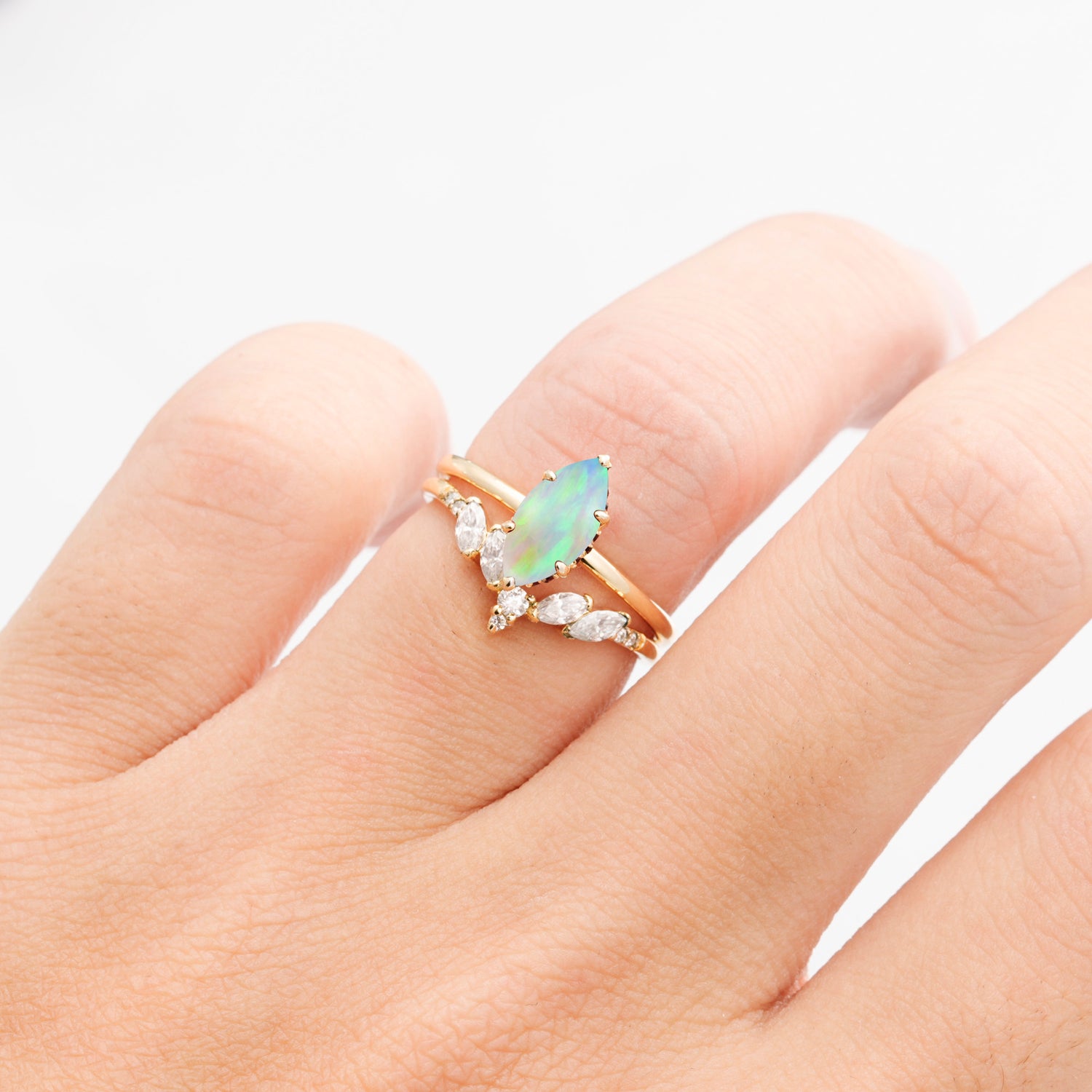 Art Deco 6 Prong Marquise Cut Fire Opal Ring Set