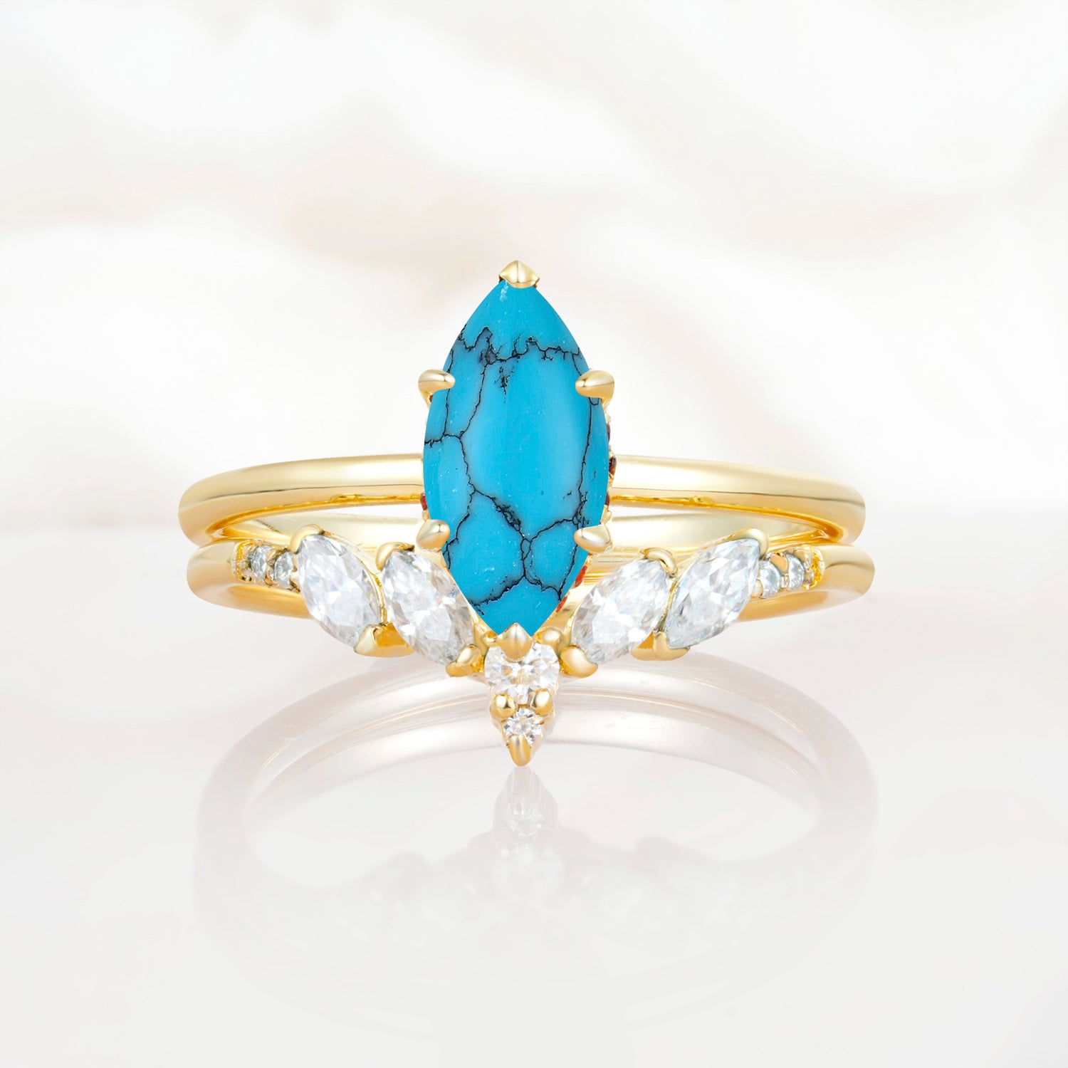 Art Deco 6 Prong Marquise Cut Turquoise Ring Set