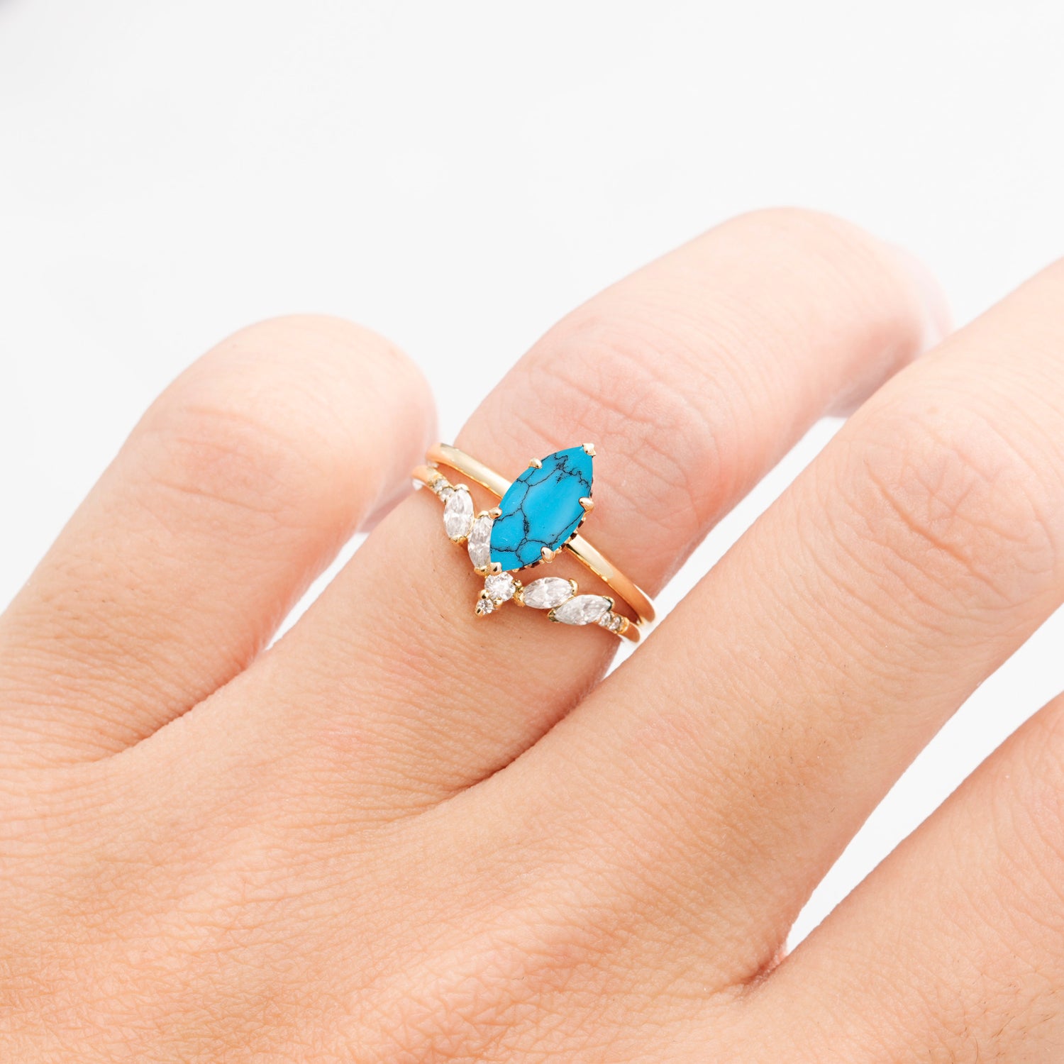 Art Deco 6 Prong Marquise Cut Turquoise Ring Set