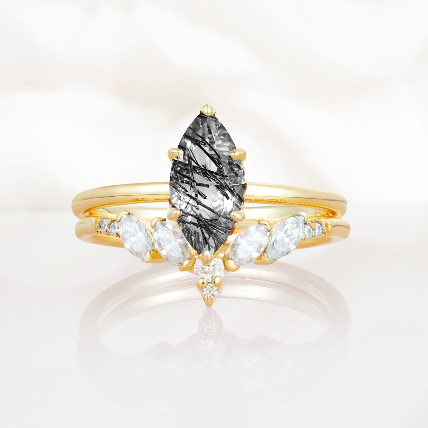 Art Deco 6 Prong Marquise Cut Black Rutilated Quartz Ring Set