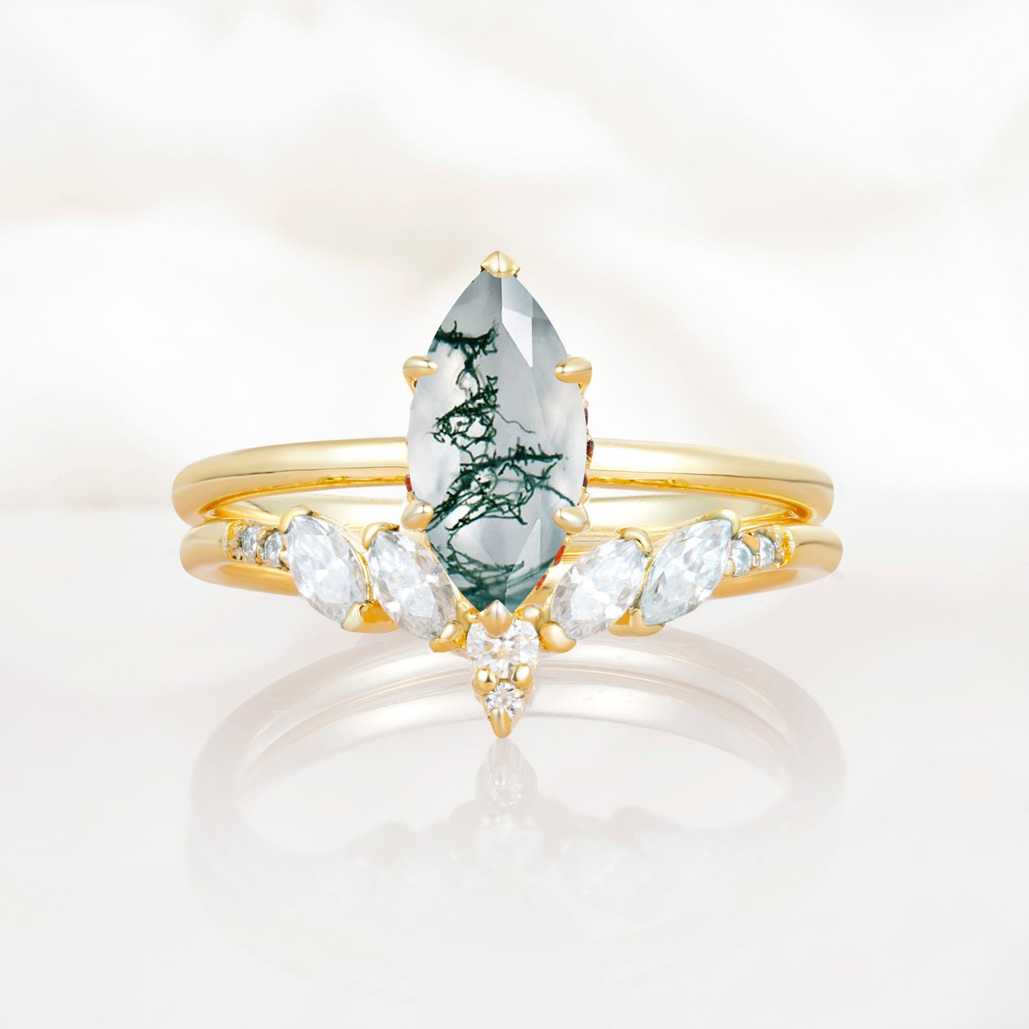 Art Deco 6 Prong Marquise Cut Moss Agate Ring Set