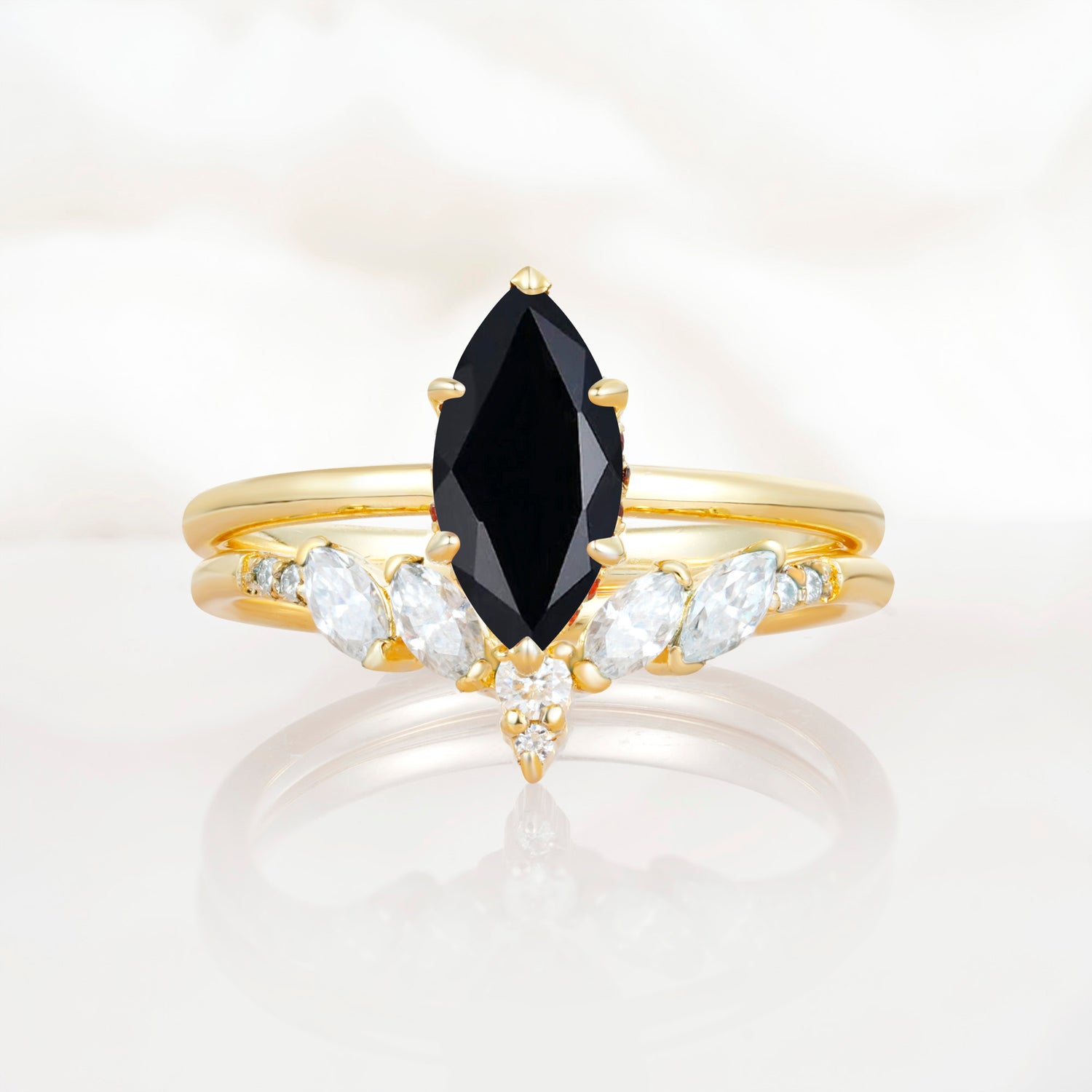 Art Deco 6 Prong Marquise Cut Black Onyx Ring Set