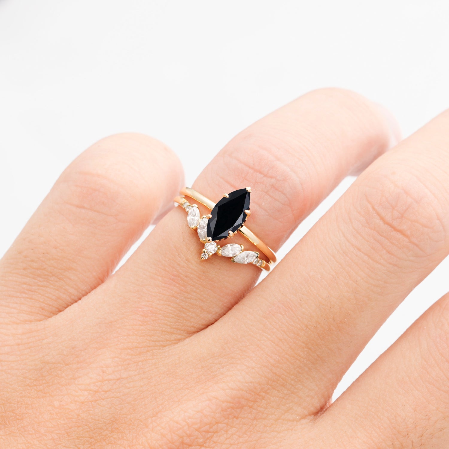 Art Deco 6 Prong Marquise Cut Black Onyx Ring Set