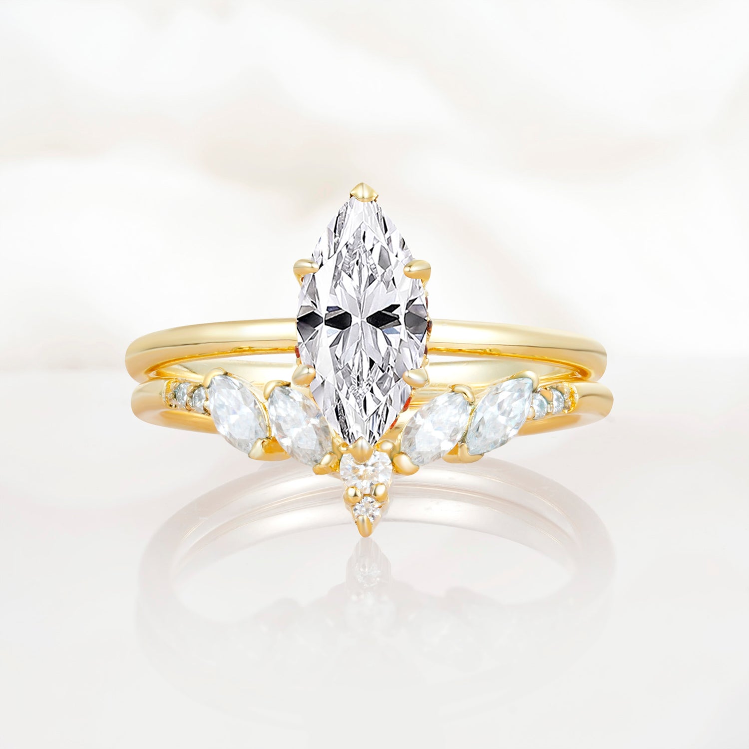 Art Deco 6 Prong Marquise Cut Lab Diamond Ring Set