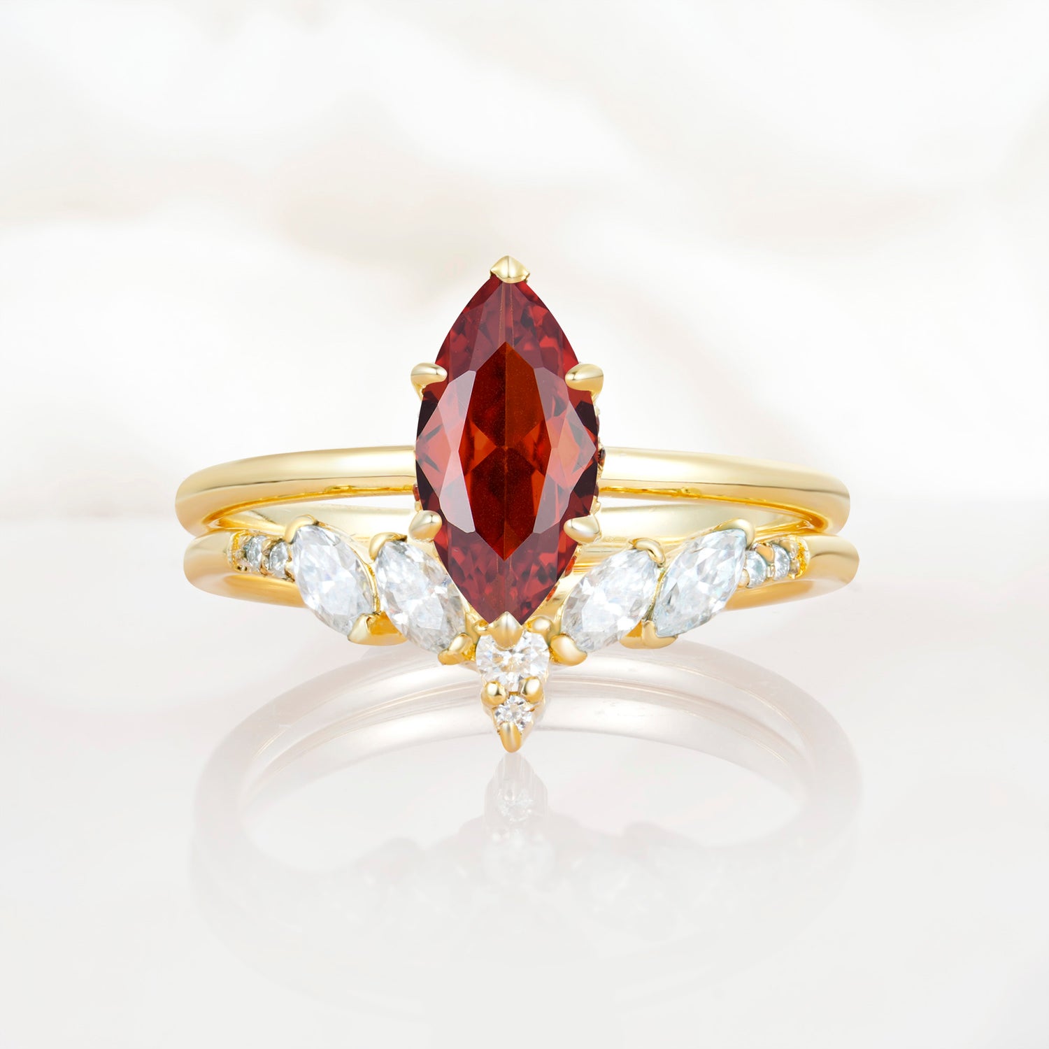 Art Deco 6 Prong Marquise Cut Garnet Ring Set
