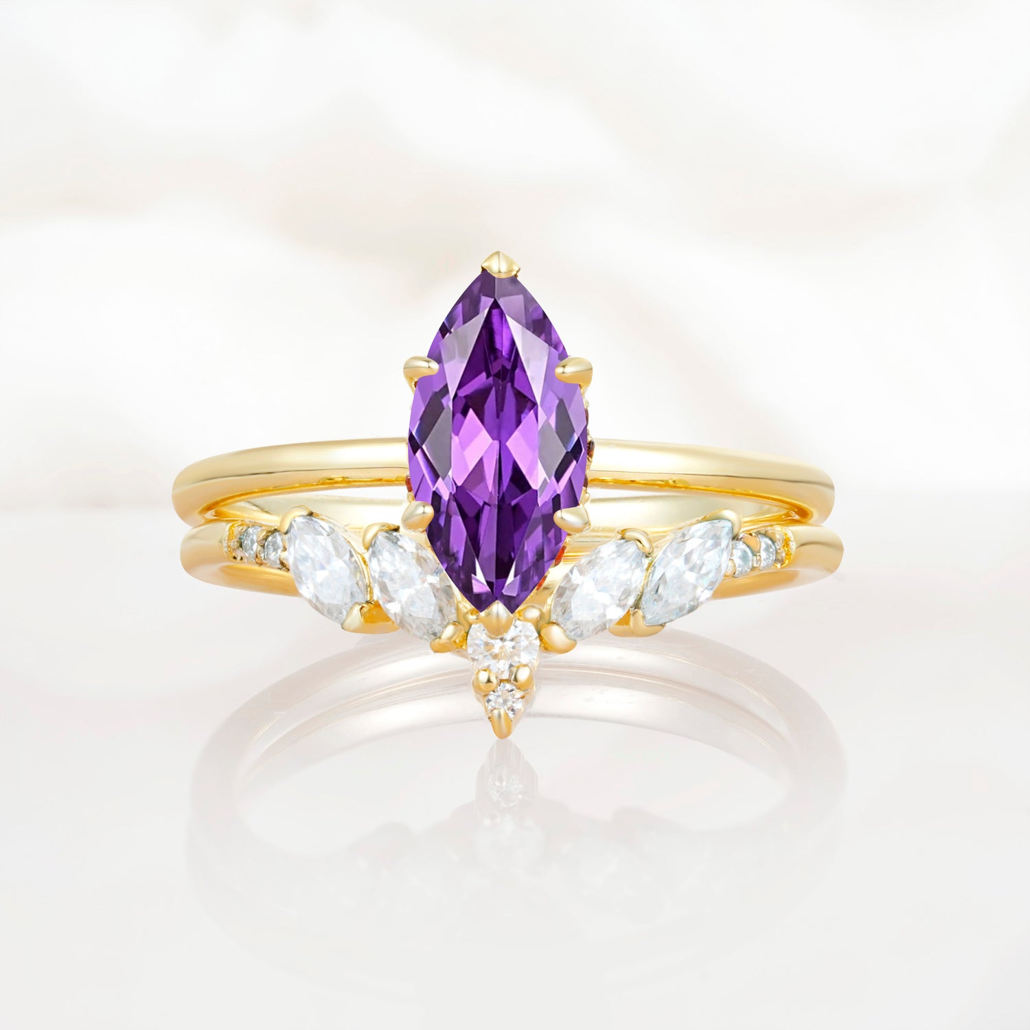 Art Deco 6 Prong Marquise Cut Amethyst Ring Set