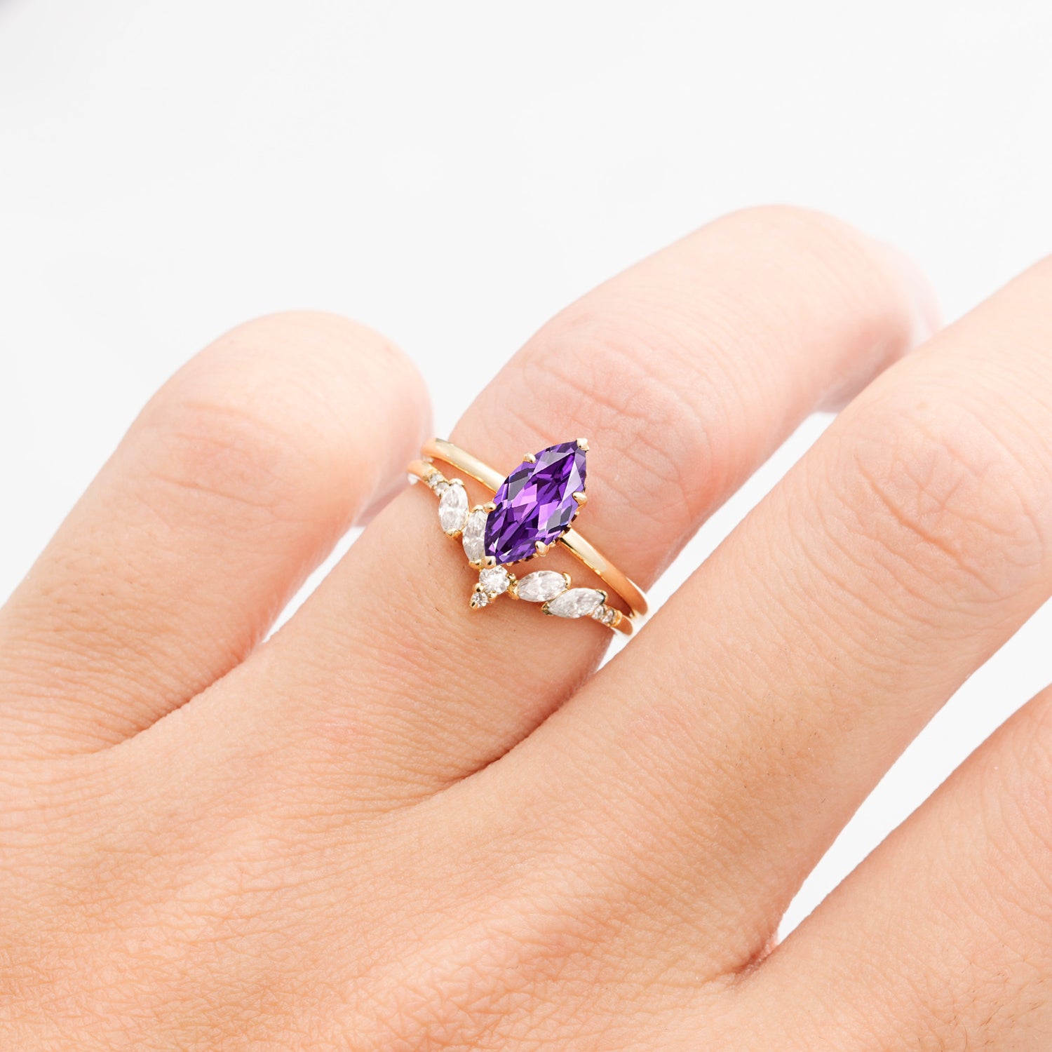 Art Deco 6 Prong Marquise Cut Amethyst Ring Set