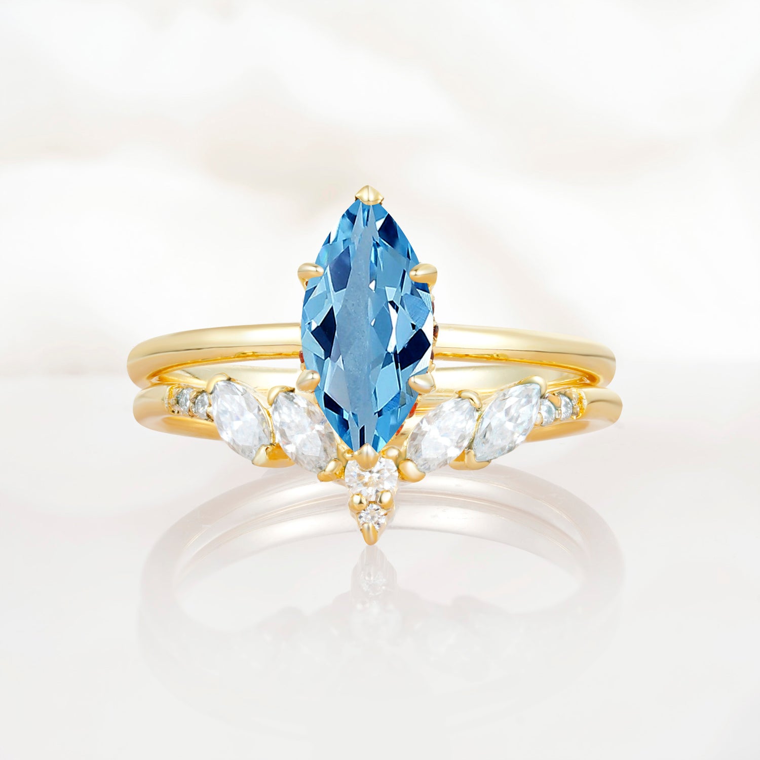 Art Deco 6 Prong Marquise Cut Aquamarine Ring Set