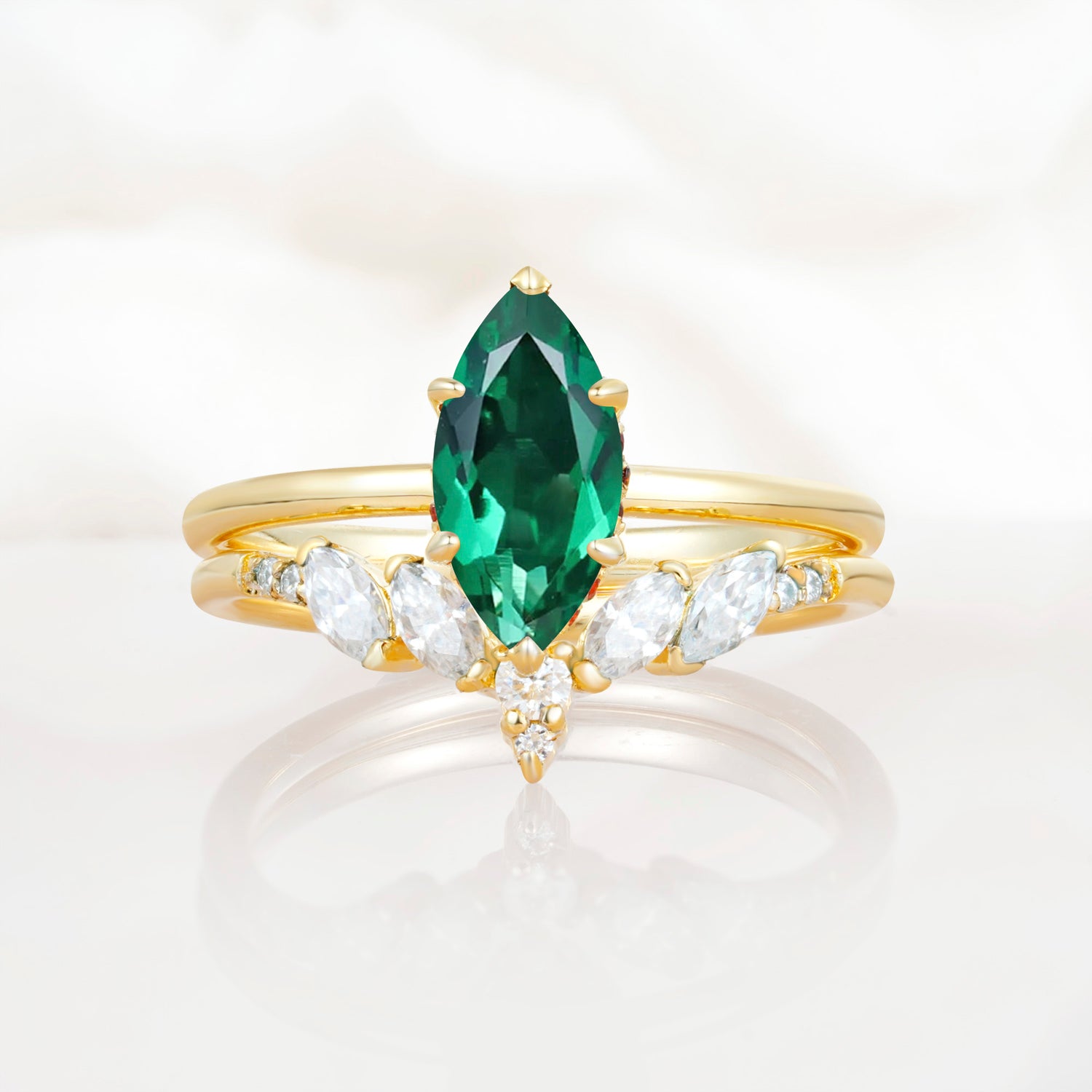 Art Deco 6 Prong Marquise Cut Emerald Ring Set
