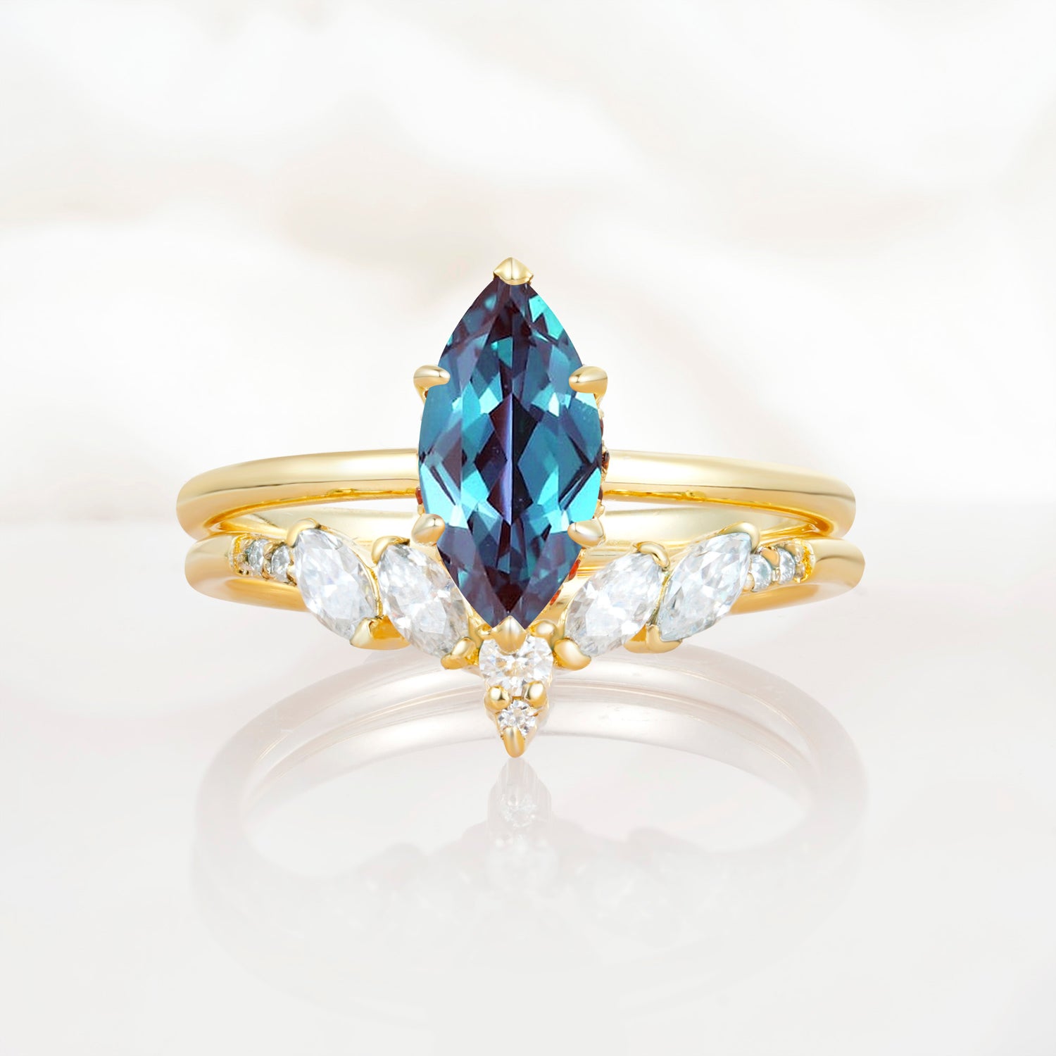 Art Deco 6 Prong Marquise Cut Alexandrite Ring Set