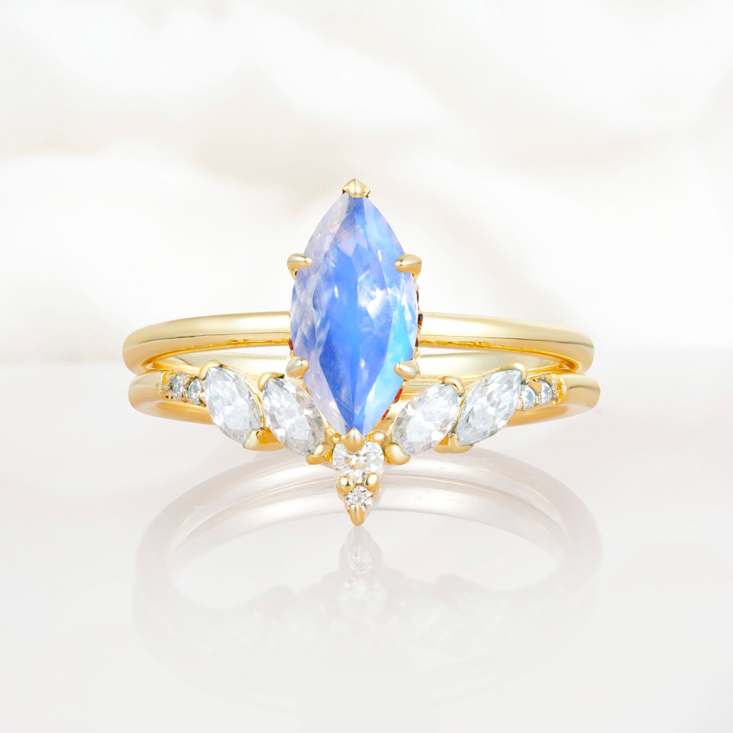 Art Deco 6 Prong Marquise Cut Moonstone Ring Set