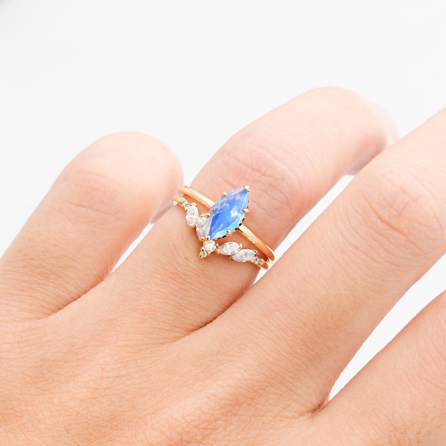 Art Deco 6 Prong Marquise Cut Moonstone Ring Set