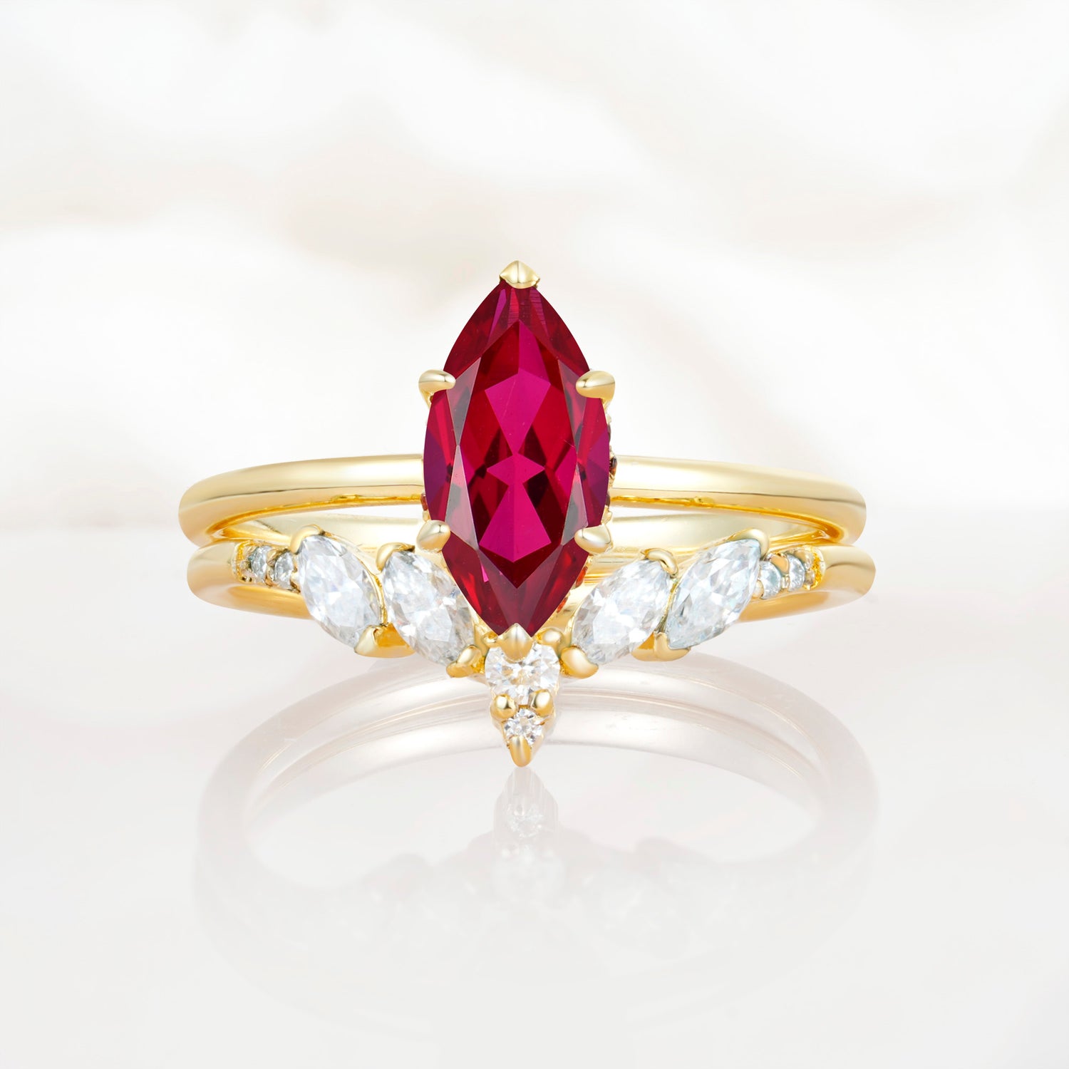 Art Deco 6 Prong Marquise Cut Ruby Ring Set
