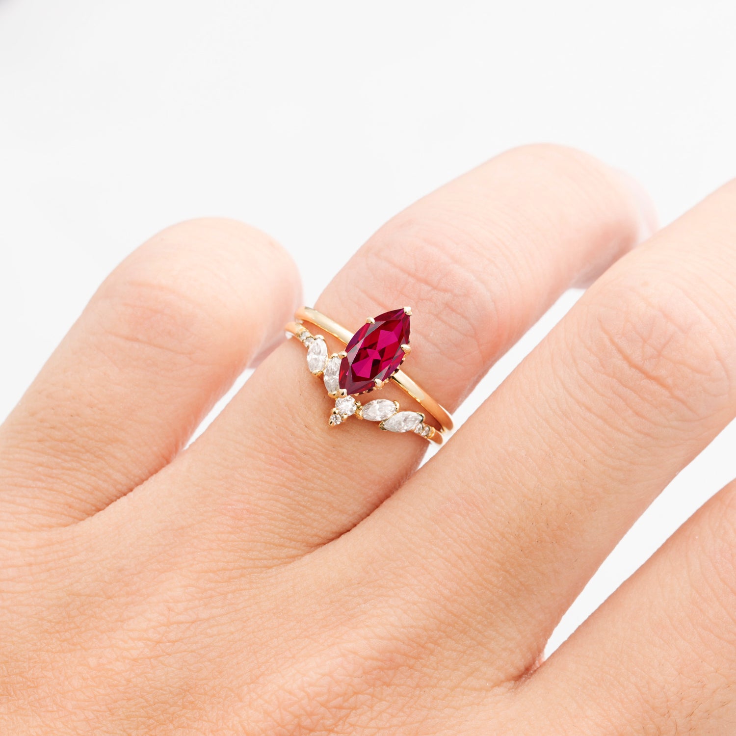 Art Deco 6 Prong Marquise Cut Ruby Ring Set