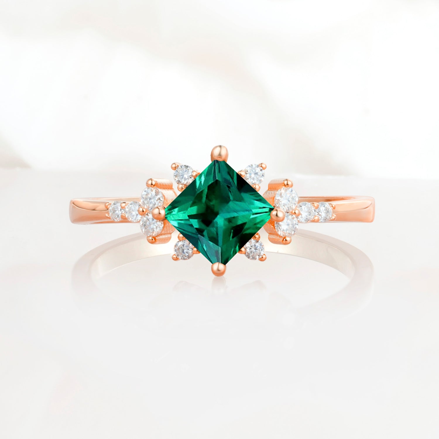 Halo Princess Cut Emerald Engagement Ring for Women