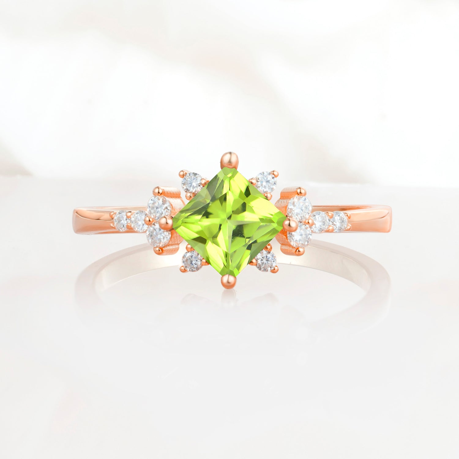 Halo Princess Cut Peridot Engagement Ring for Women