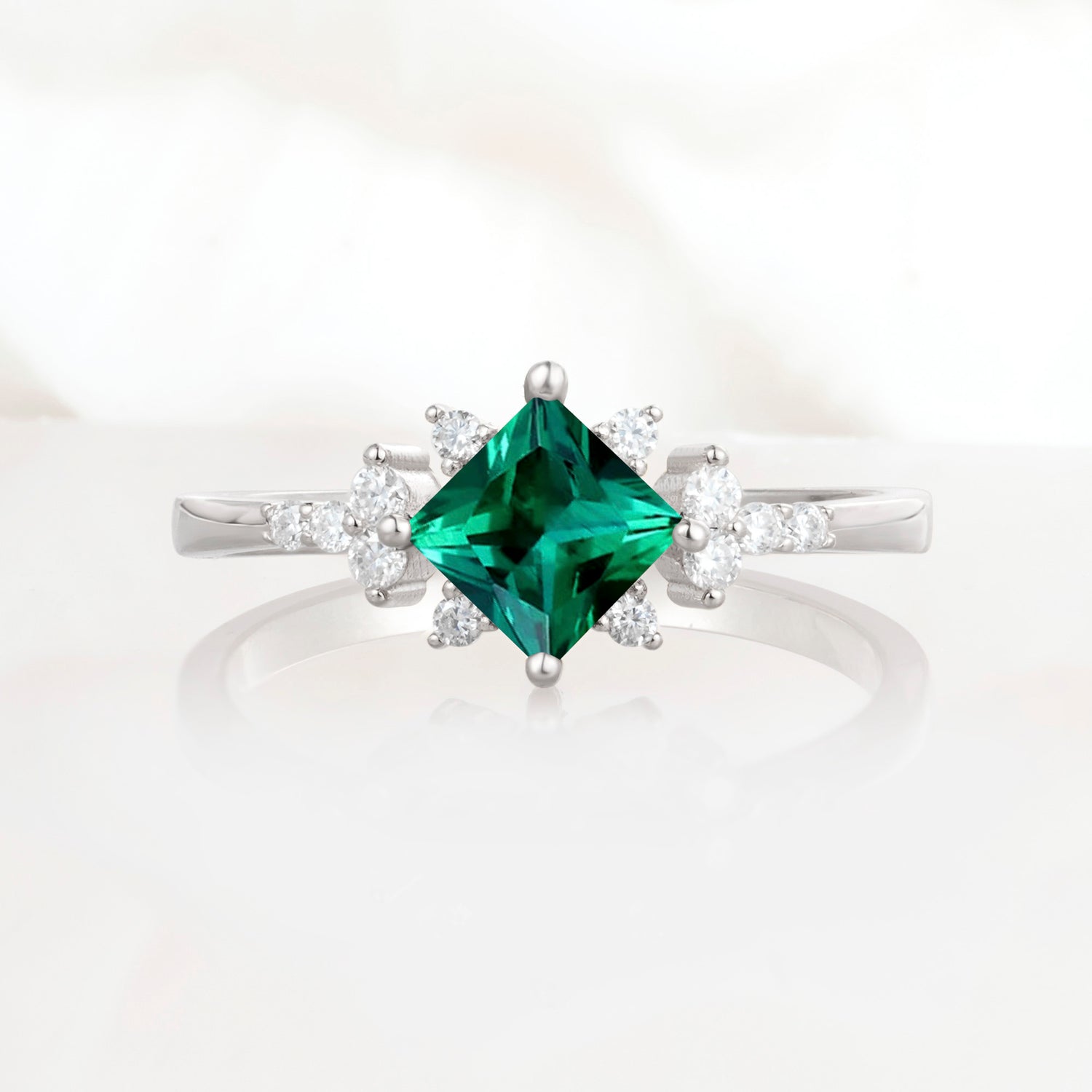 Halo Princess Cut Emerald Engagement Ring for Women