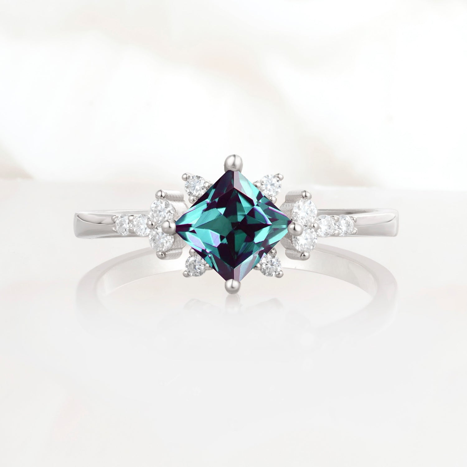 Halo Princess Cut Alexandrite Engagement Ring for Women