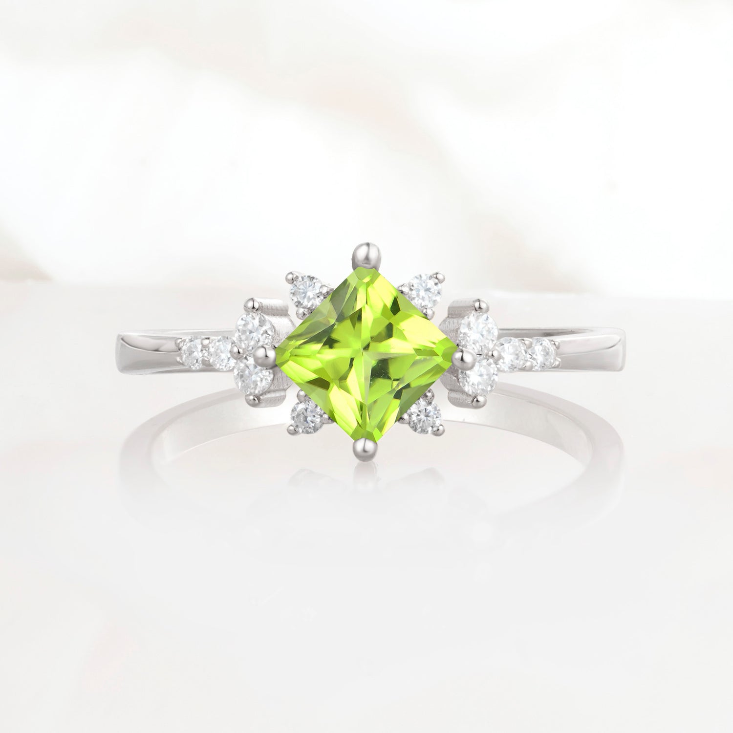 Halo Princess Cut Peridot Engagement Ring for Women