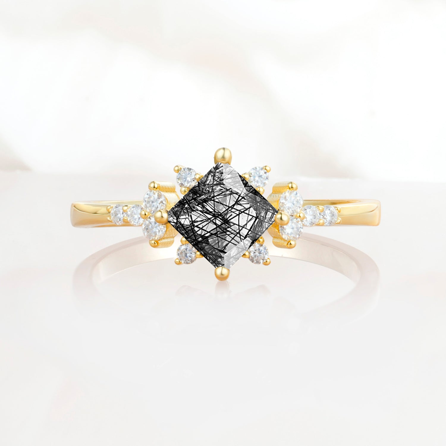 Halo Princess Cut Black Rutilated Quartz Engagement Ring for Women