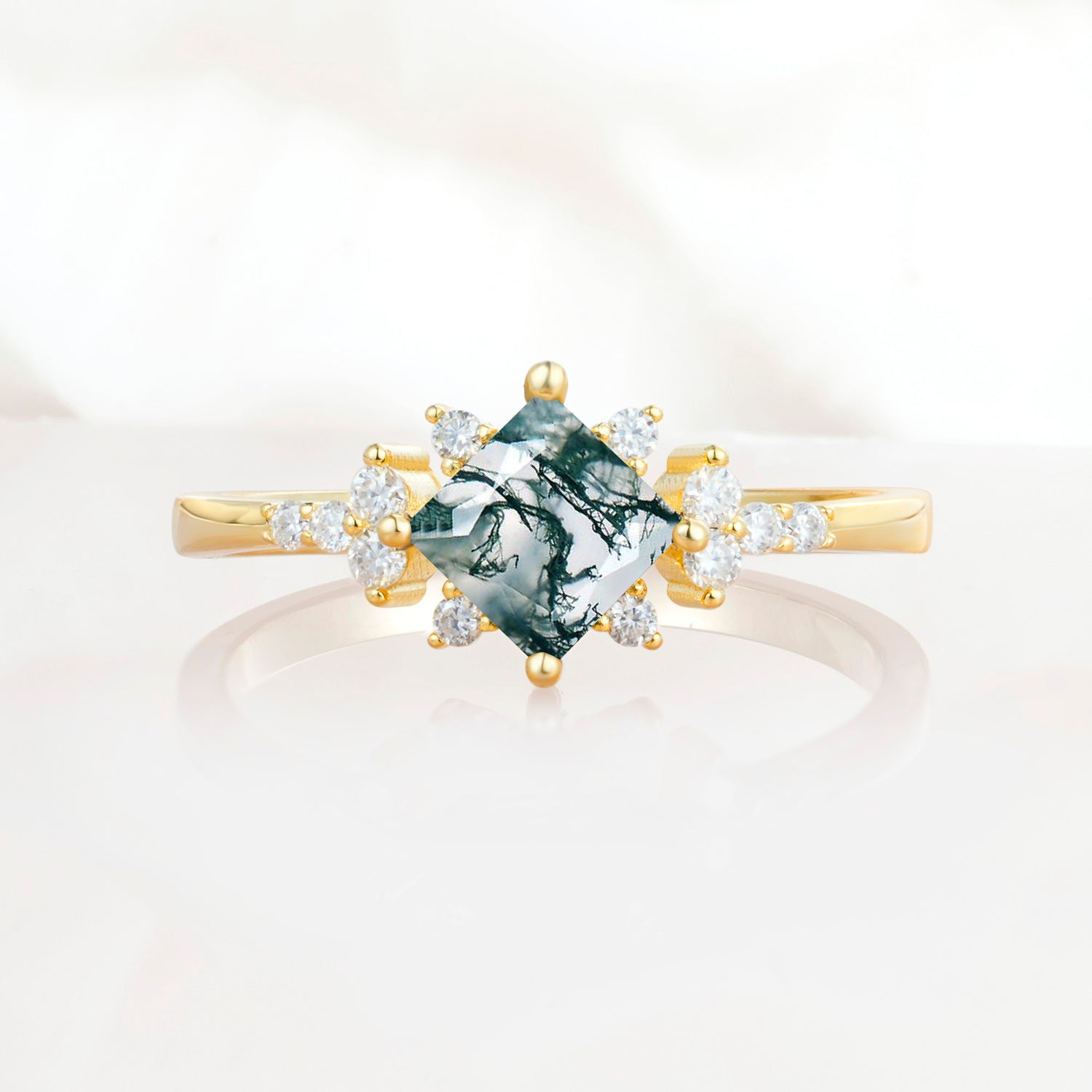 Halo Princess Cut Moss Agate Engagement Ring for Women