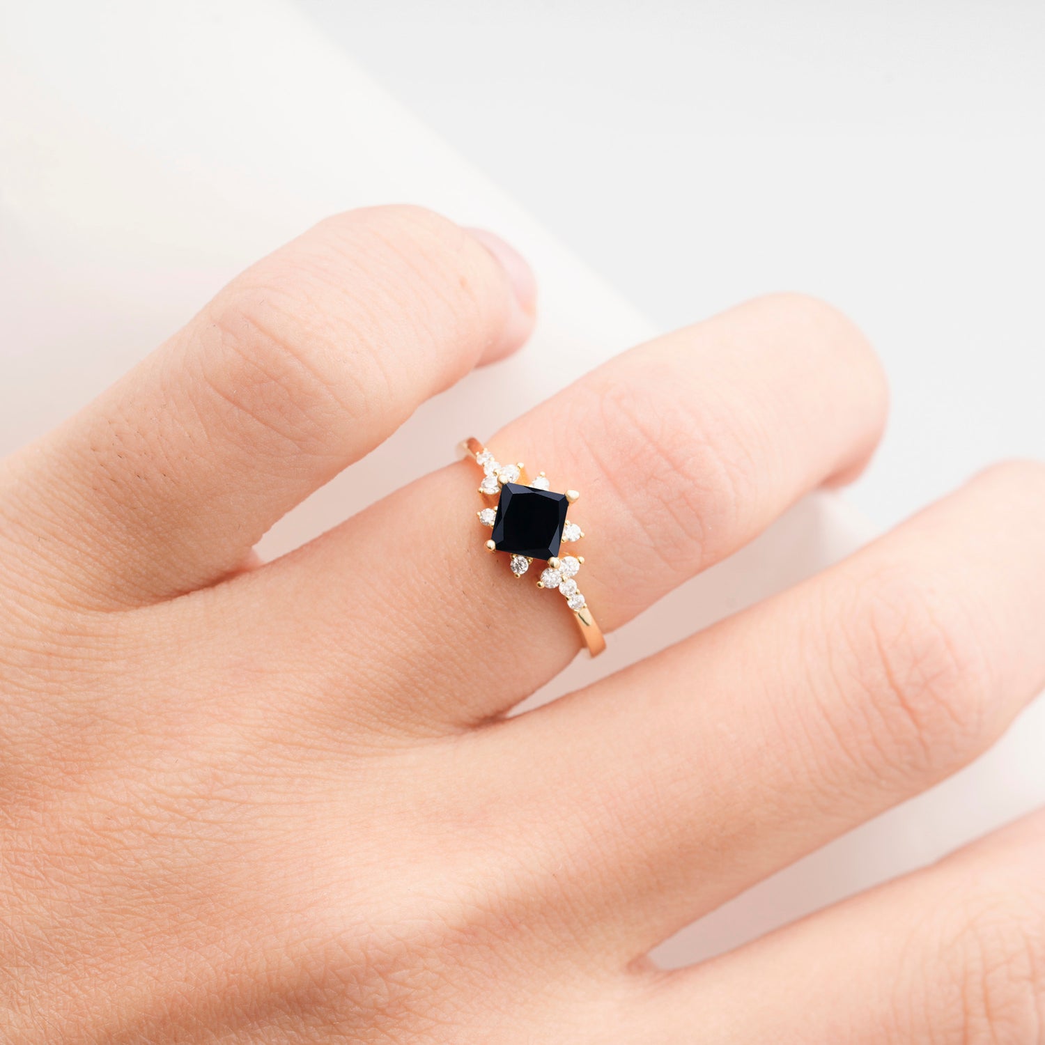 Halo Princess Cut Black Onyx Engagement Ring for Women