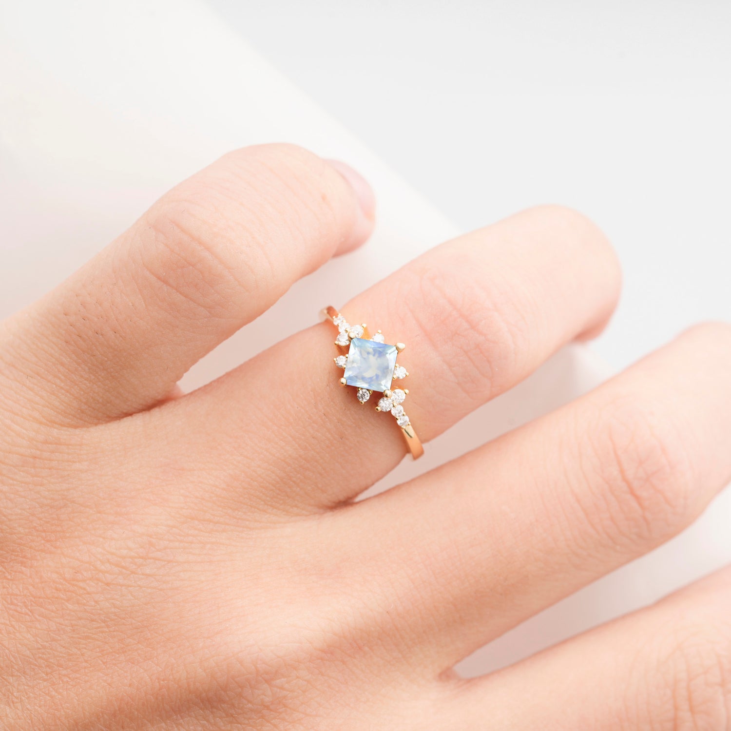 Halo Princess Cut Moonstone Engagement Ring for Women