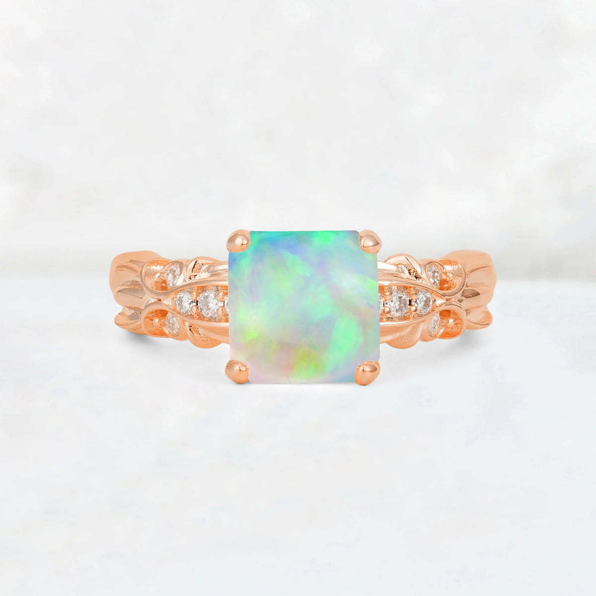 Emerald Cut Fire Opal Engagement Ring with Floral Vine Side Stones - Additional view