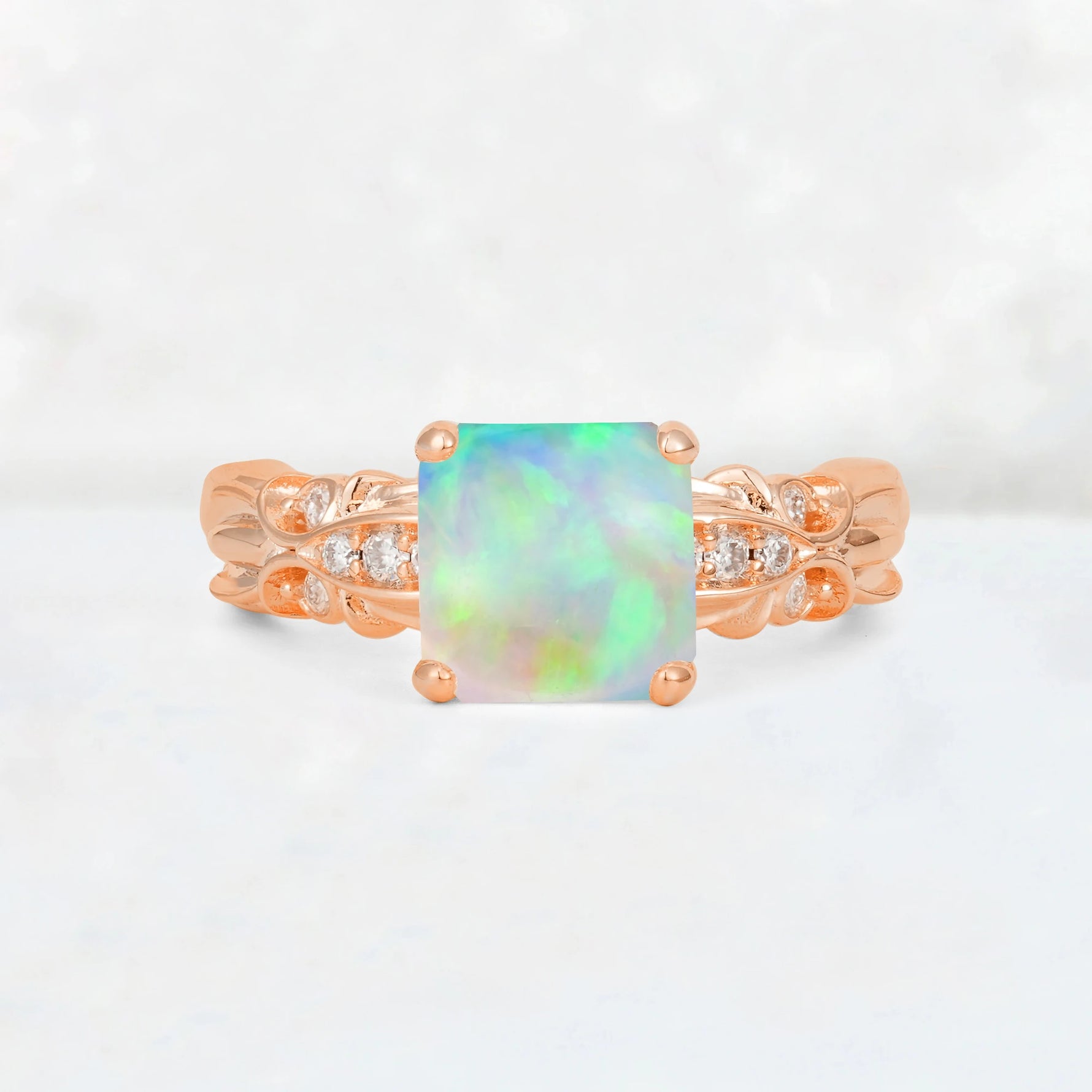 Emerald Cut Fire Opal Engagement Ring with Floral Vine Side Stones - Additional view