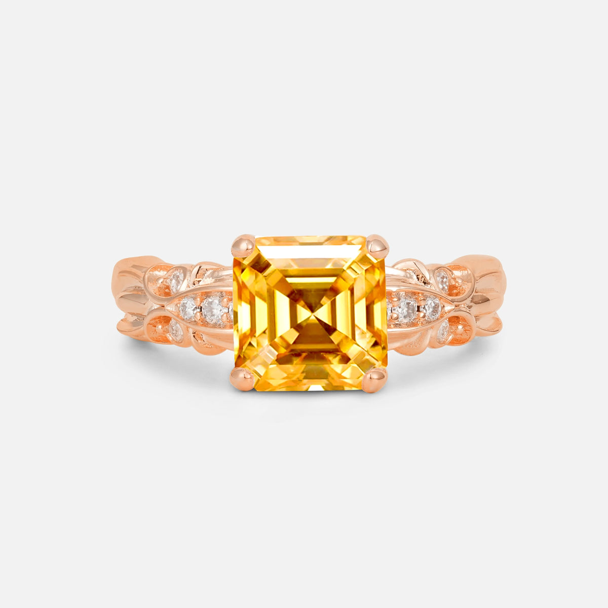 Emerald Cut Citrine Engagement Ring with Floral Vine Side Stones - Additional view