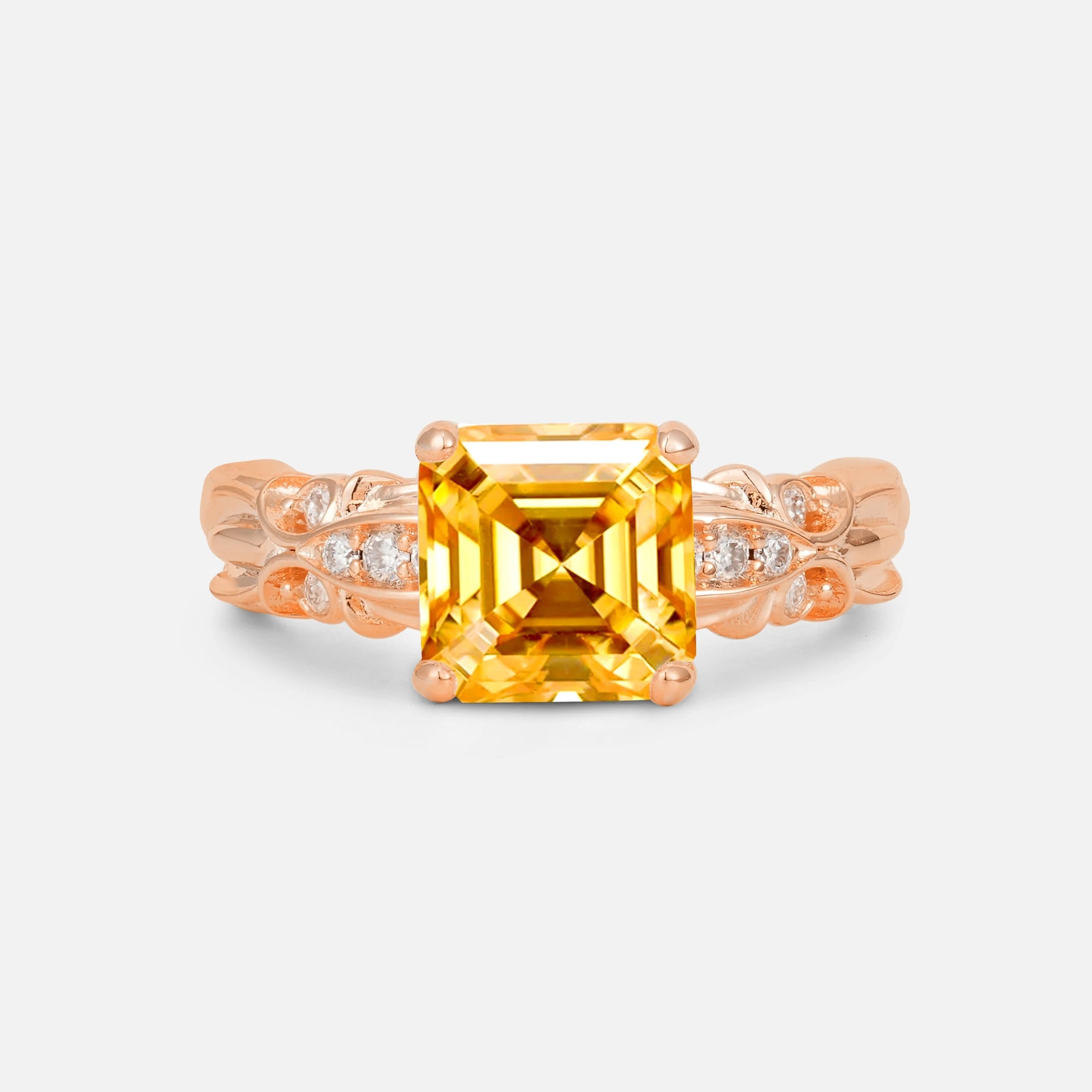Emerald Cut Citrine Engagement Ring with Floral Vine Side Stones - Additional view