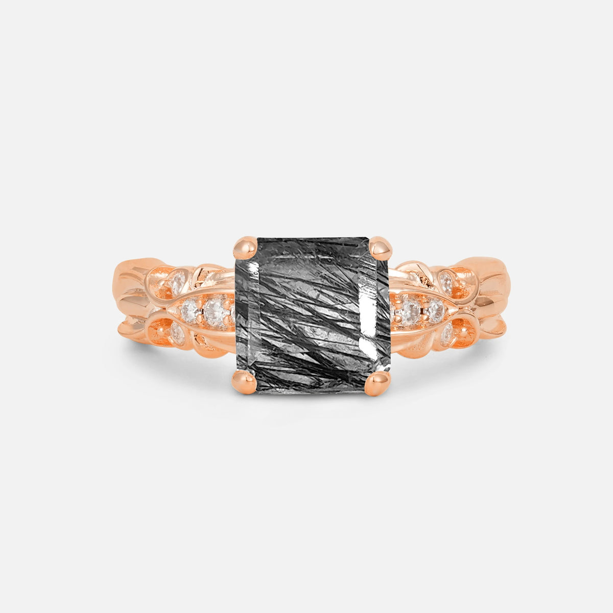 Emerald Cut Black Rutilated Quartz Engagement Ring with Floral Vine Side Stones - Additional view