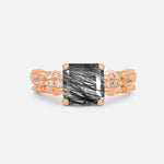 Emerald Cut Black Rutilated Quartz Engagement Ring with Floral Vine Side Stones - Additional view