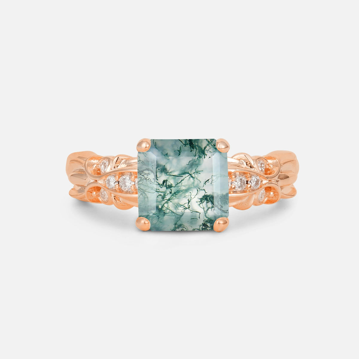 Emerald Cut Moss Agate Engagement Ring with Floral Vine Side Stones - Additional view