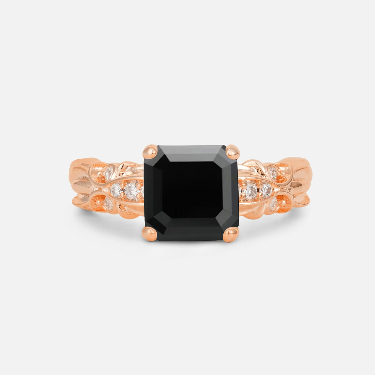 Emerald Cut Black Onyx Engagement Ring with Floral Vine Side Stones - Additional view