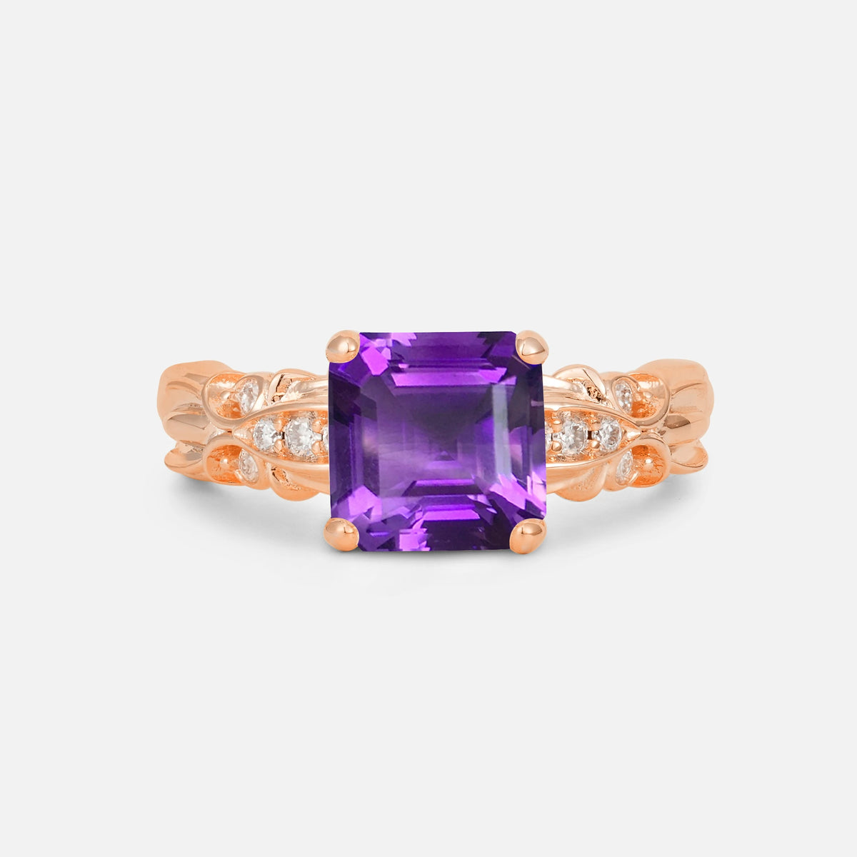 Emerald Cut Amethyst Engagement Ring with Floral Vine Side Stones - Additional view