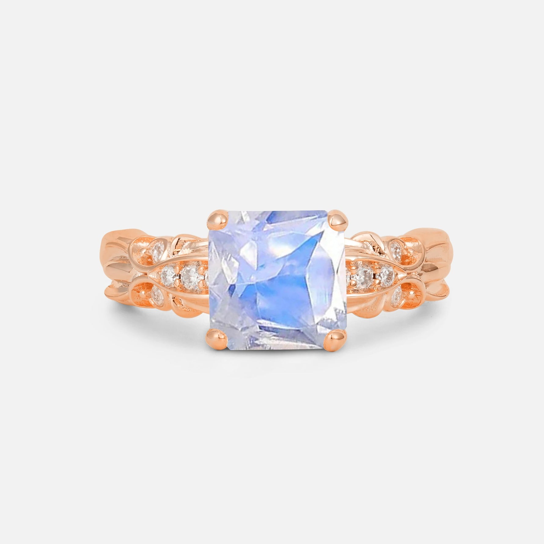 Emerald Cut Moonstone Engagement Ring with Floral Vine Side Stones - Additional view