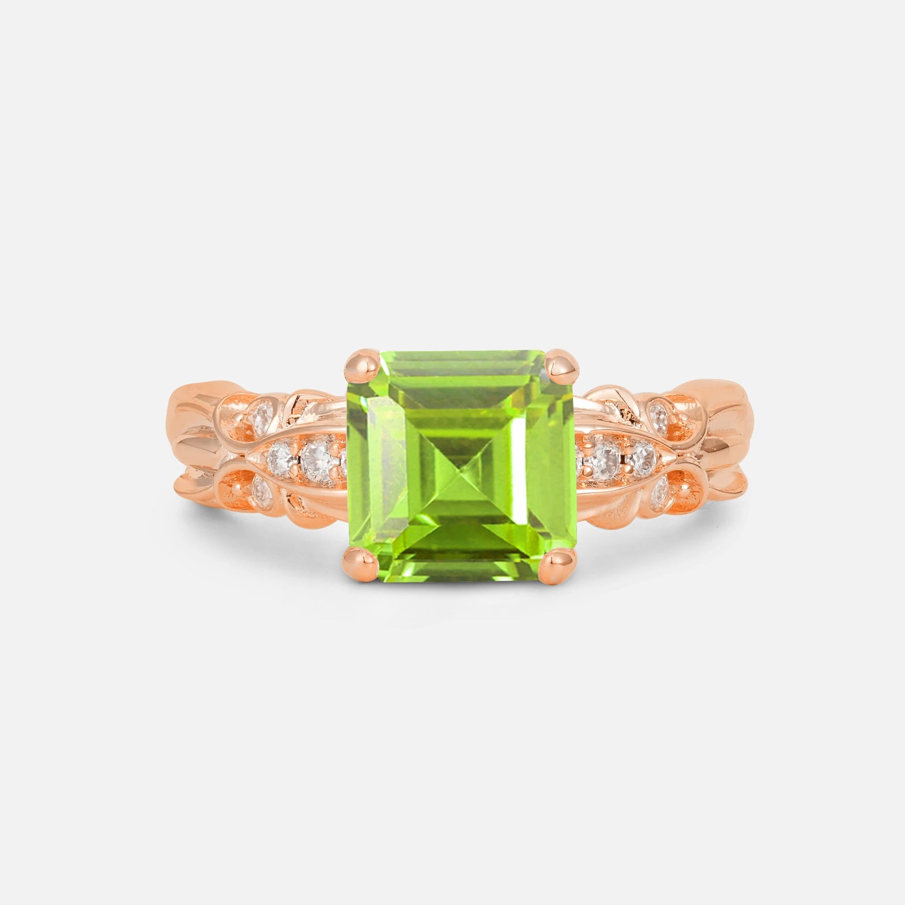 Emerald Cut Peridot Engagement Ring with Floral Vine Side Stones - Additional view