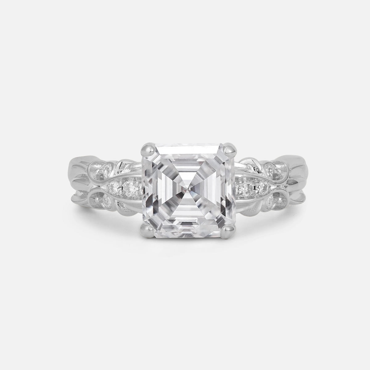 Emerald Cut Moissanite Engagement Ring with Floral Vine Side Stones - Additional view
