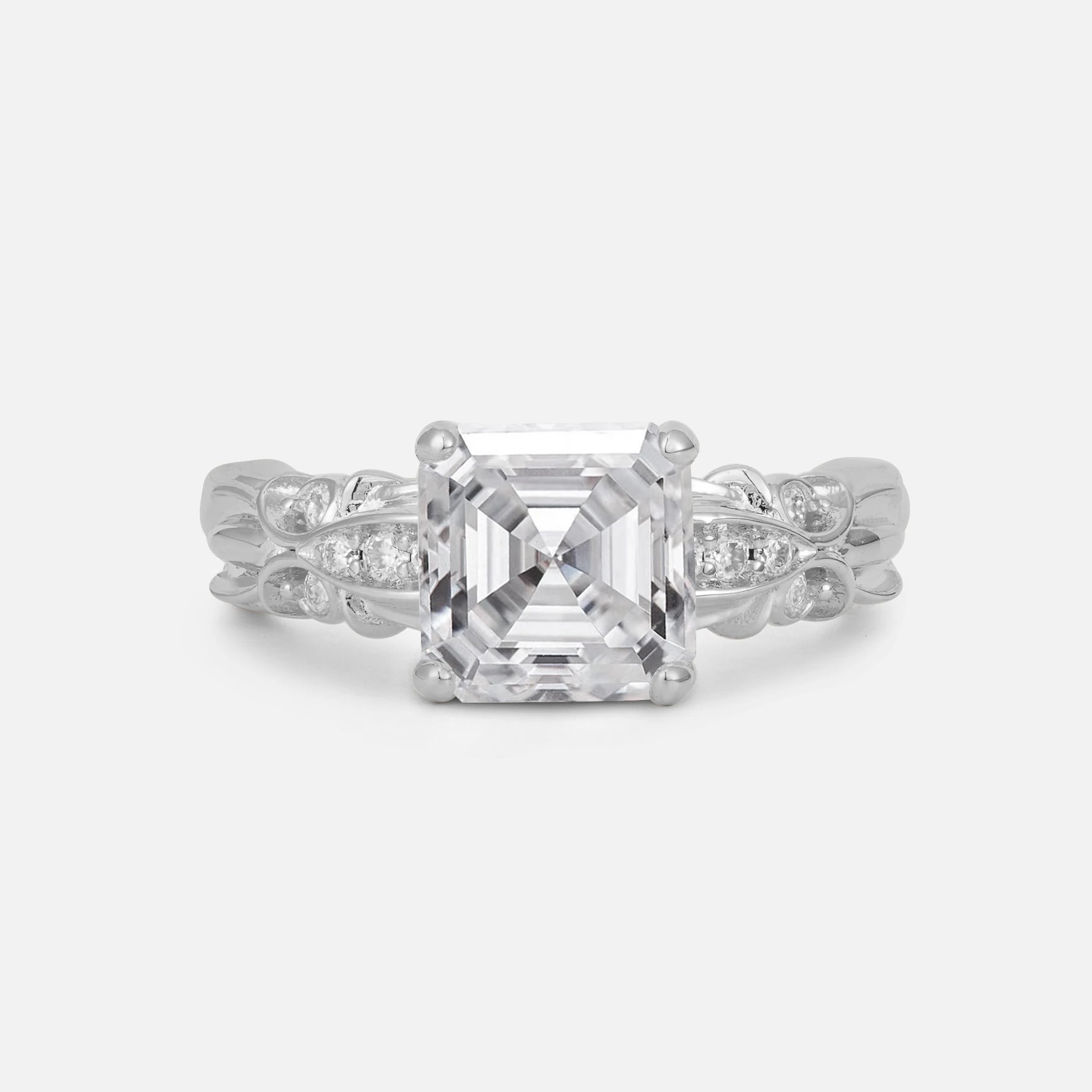 Emerald Cut Moissanite Engagement Ring with Floral Vine Side Stones - Additional view