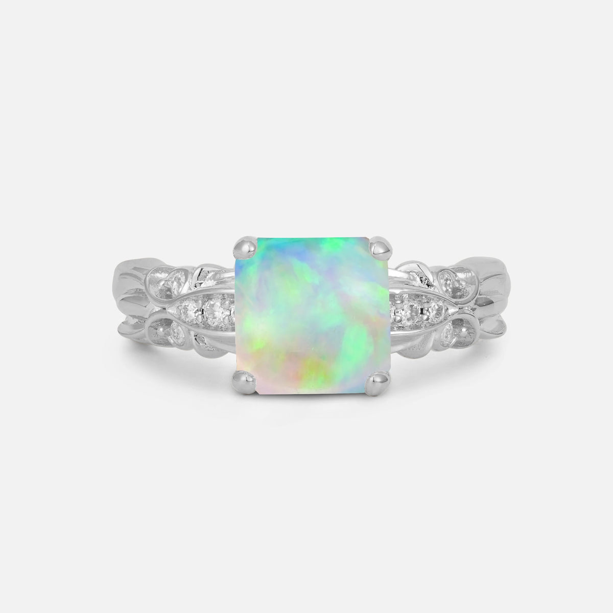 Emerald Cut Fire Opal Engagement Ring with Floral Vine Side Stones - Additional view