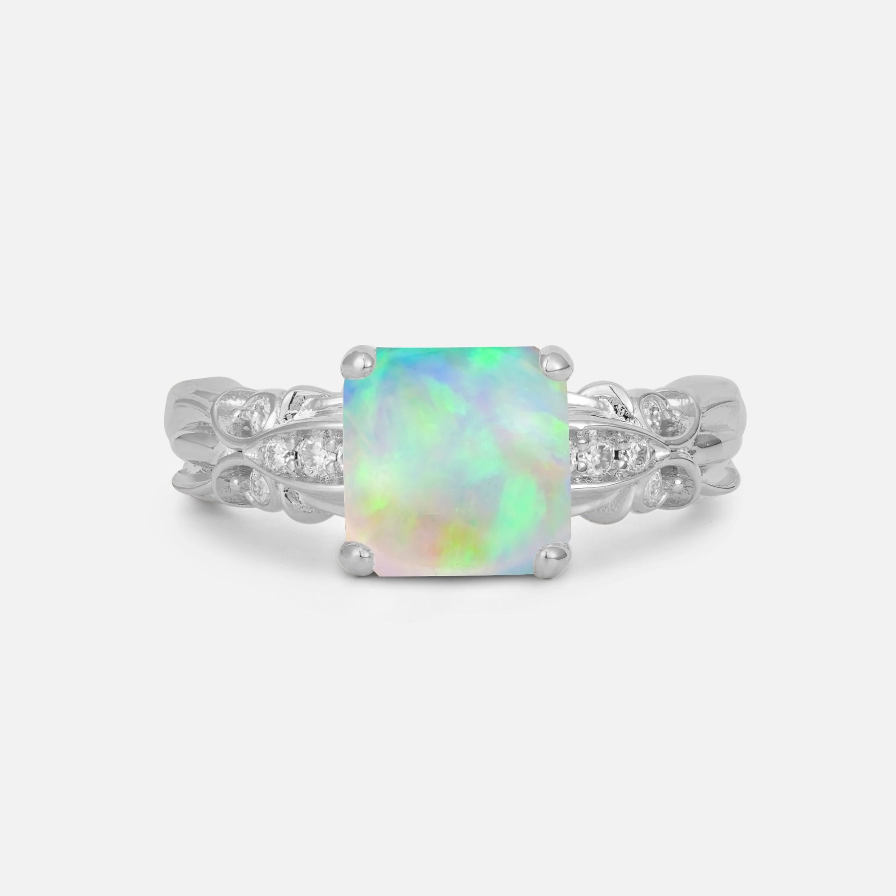 Emerald Cut Fire Opal Engagement Ring with Floral Vine Side Stones - Additional view