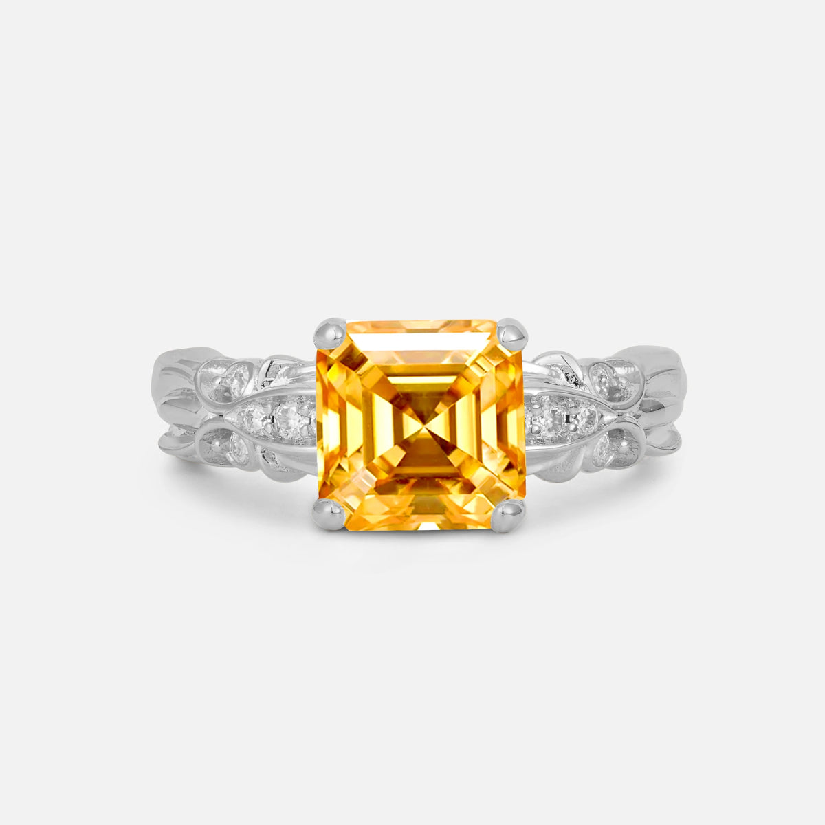 Emerald Cut Citrine Engagement Ring with Floral Vine Side Stones - Additional view