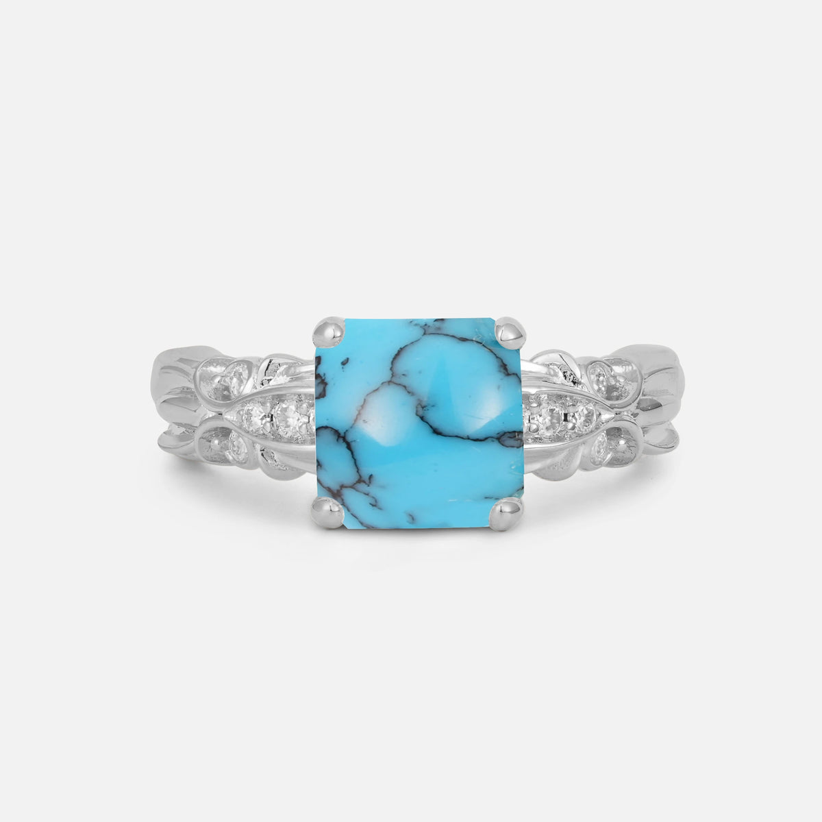 Emerald Cut Turquoise Engagement Ring with Floral Vine Side Stones - Additional view