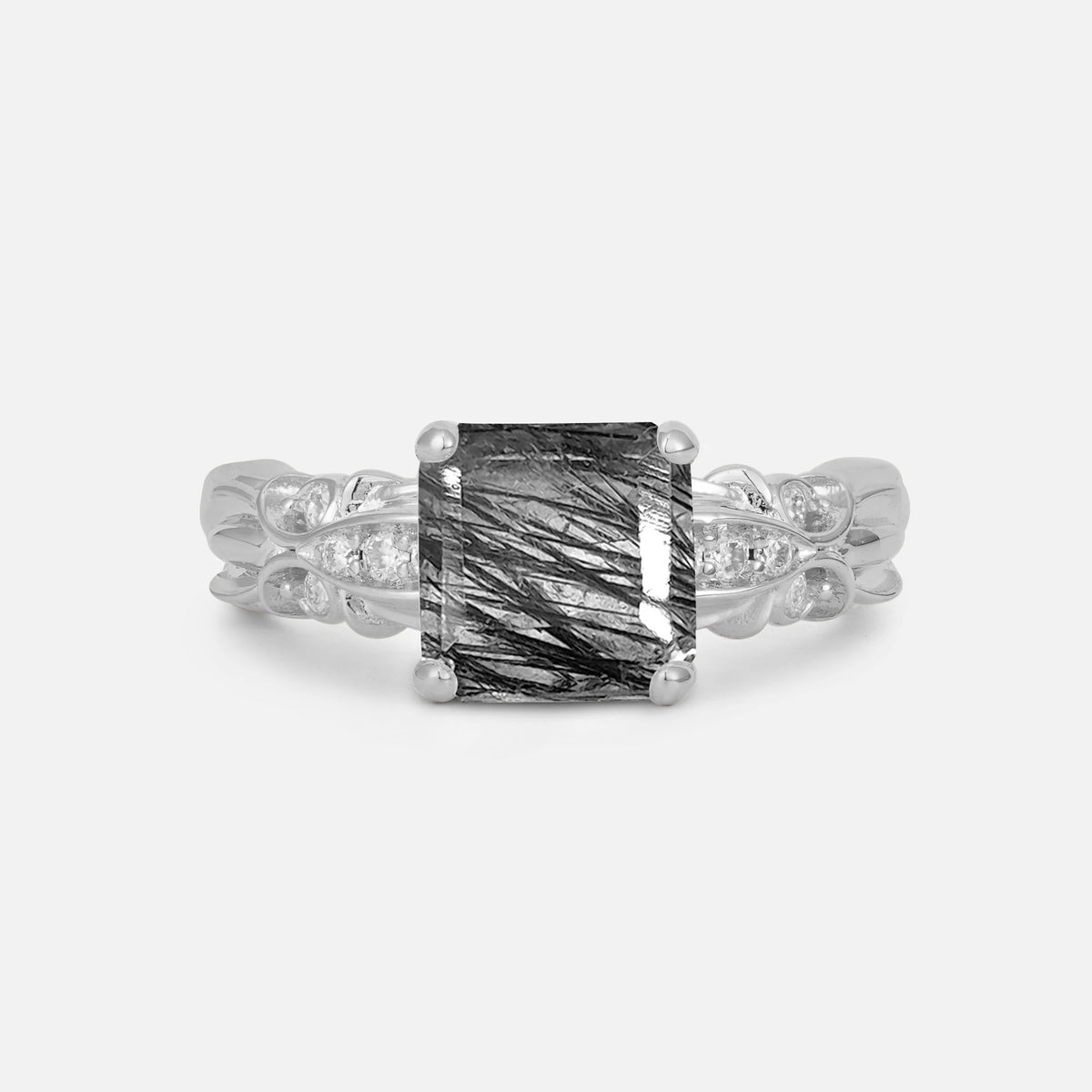 Emerald Cut Black Rutilated Quartz Engagement Ring with Floral Vine Side Stones - Additional view