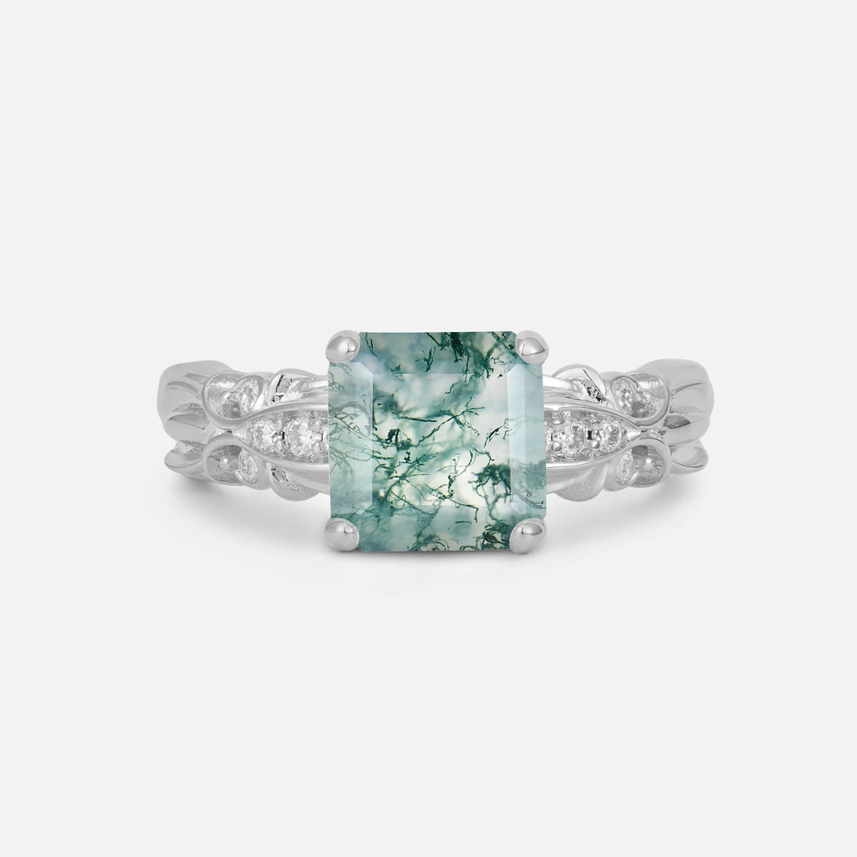 Emerald Cut Moss Agate Engagement Ring with Floral Vine Side Stones - Additional view