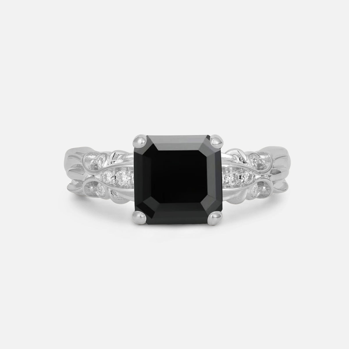 Emerald Cut Black Onyx Engagement Ring with Floral Vine Side Stones - Additional view